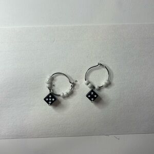 Silver, White, And Black Dice Hoop Earrings